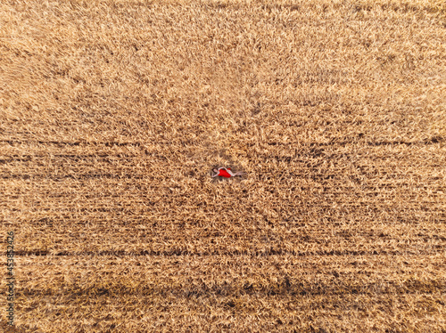 Aerial view of woman in red...