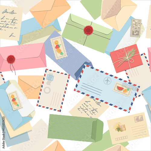 Seamless pattern envelopes, letters, postcards, postage stamps stamps and hand made cards with wax seal. Vector
