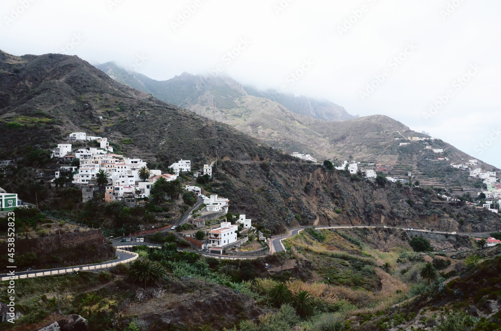 TENERIFE, SPAIN: Scenic landscape view of the Anaga natural park rocks and roads
