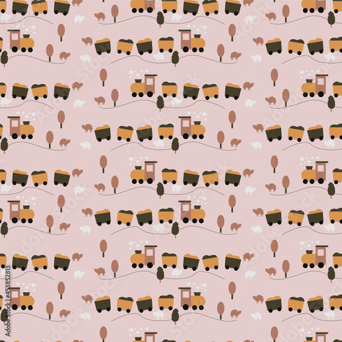 Shape Seamless pattern with cute steam, trees and sheep, steam locomotives in pastel colors for children, prints with a train