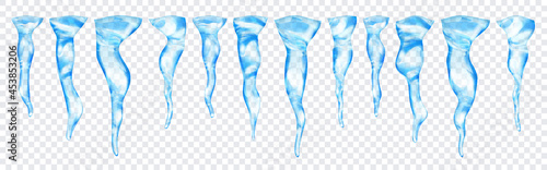 Set of translucent light blue realistic icicles of different lengths on transparent background. Transparency only in vector format