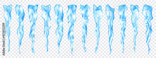 Set of translucent light blue realistic icicles of different lengths on transparent background. Transparency only in vector format