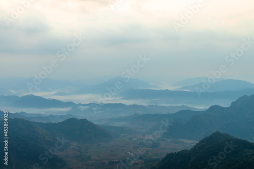 Beautiful scenic of the mountain range in Thai-Laos border on the top of Phu Chi Fa Forest Park