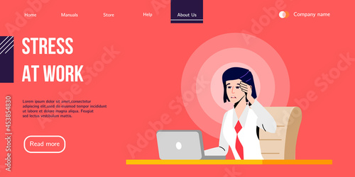 Stressed Office Worker sitting Behind the Desk and uses Laptop. Vector Banner Design for Professional Help with Work Stress or Burnout Syndrome. Landing Page for Stress Management Courses.