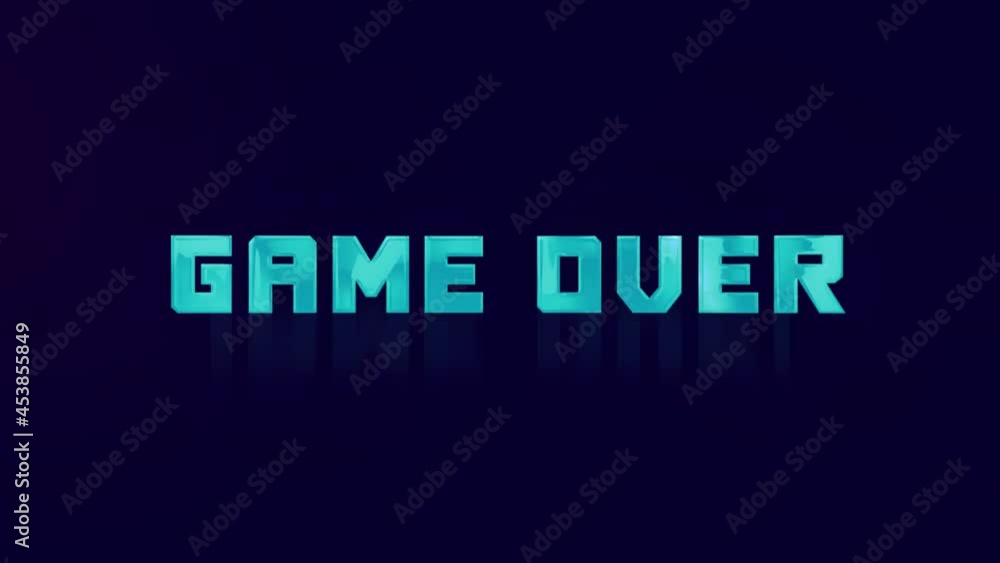 Animation of retro GAME OVER text glitching on blue background. Old tv glitch interference screen. 4K Video motion graphic animation.