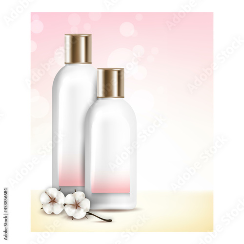 Baby Lotion Creative Promotional Banner Vector. Baby Lotion Blank Bottles And Natural Flowers On Advertising Poster. Hypoallergenic Skin Care Cream Style Concept Template Illustration