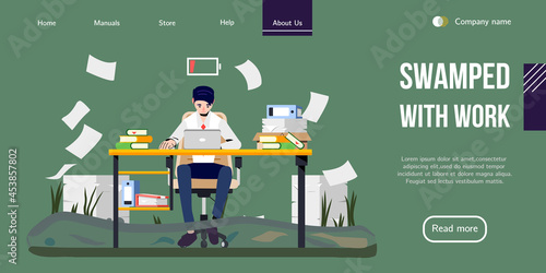 Stressed Office Worker Swamped with Work. Overwhelmed with Work Employee sitting in the Swamp. Vector Banner Design for Professional Help with Burnout Syndrome. Landing Page for Stress Management.