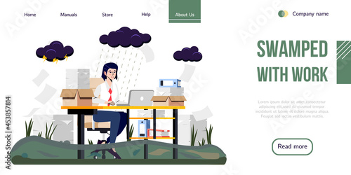 Stressed Office Worker Swamped with Work. Overwhelmed with Work Employee sitting in the Swamp. Vector Banner Design for Professional Help with Burnout Syndrome. Landing Page for Stress Management.