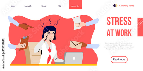 Stressed Office Worker sitting Behind the Desk and uses Laptop. Vector Banner Design for Professional Help with Work Stress or Burnout Syndrome. Landing Page for Stress Management Courses.