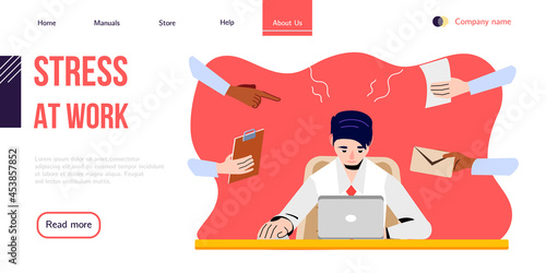 Stressed Office Worker sitting Behind the Desk and uses Laptop. Vector Banner Design for Professional Help with Work Stress or Burnout Syndrome. Landing Page for Stress Management Courses.