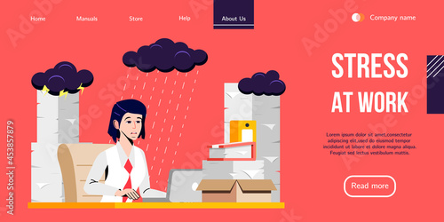 Stressed Office Worker sitting Behind the Desk and uses Laptop. Vector Banner Design for Professional Help with Work Stress or Burnout Syndrome. Landing Page for Stress Management Courses.