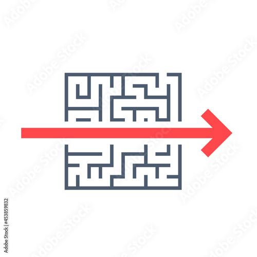 Maze and red arrow solution concept icon. Clipart image isolated on white background