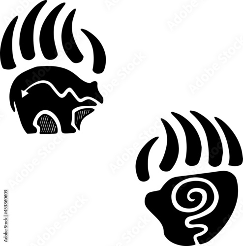 Paws print tribal tattoo. Simple bear track vector illustration.