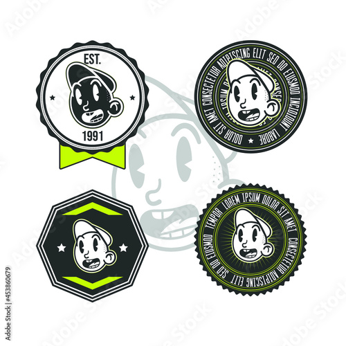 Collection of vintage badges with characters