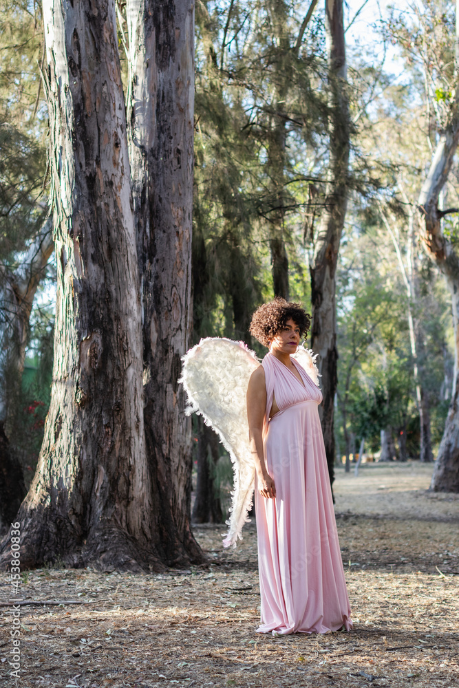Mid adult afro mexican woman standing in a park, dressed in a pink dress and wearing wings like an angel, looking at the camera Mid adult afro mexican woman standing in a park, dressed in a pink dress and wearing wings like an angel, looking at the camera