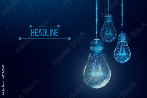Wireframe polygonal lightbulbs. Internet technology network, business idea concept with glowing low poly bulb. Futuristic modern abstract. Isolated on dark blue background. Vector illustration.