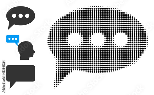 Halftone forum message. Dotted forum message generated with small round dots. Vector illustration of forum message icon on a white background. Halftone pattern contains round dots.