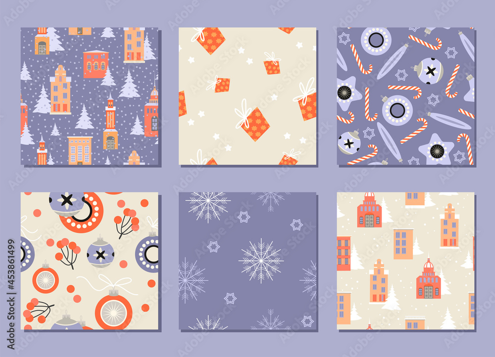 Set of seamless patterns for Christmas and New Year with buildings, decorations, gifts and snowflakes.