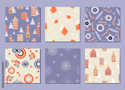 Set of seamless patterns for Christmas and New Year with buildings, decorations, gifts and snowflakes.