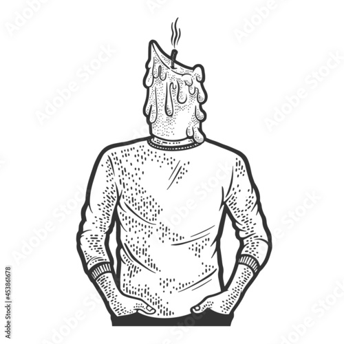 man burned out candle sketch engraving vector illustration. T-shirt apparel print design. Scratch board imitation. Black and white hand drawn image.