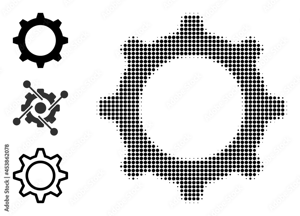 Halftone gear. Dotted gear designed with small round points. Vector illustration of gear icon on a white background. Halftone pattern contains round points. Halftone gear. Dotted gear designed with small round points. Vector illustration of gear icon on a white background. Halftone pattern contains round points.