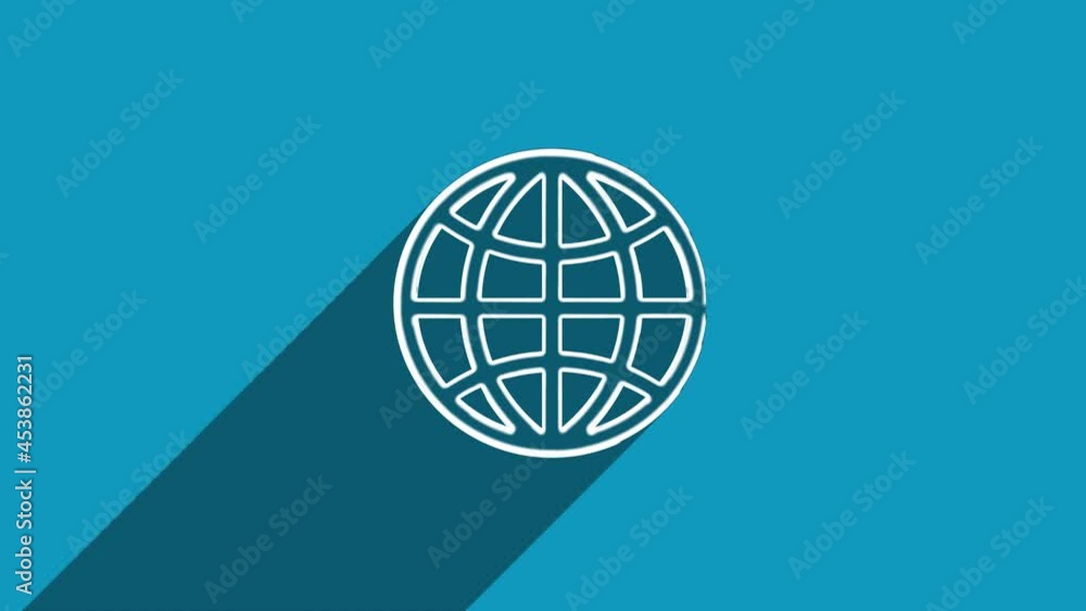White line globe icon with shadow isolated on blue background. Shadow reflection design. 4K video motion graphic animation. White line globe icon with shadow isolated on blue background. Shadow reflection design. 4K video motion graphic animation.