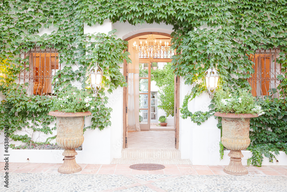 Potted topiaries and ivy surrounding villa entrance