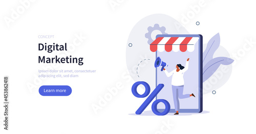 People character using loudspeaker to communicate with customers about discount and sales. Social media promotion  and advertising concept. Flat cartoon vector illustration isolated.