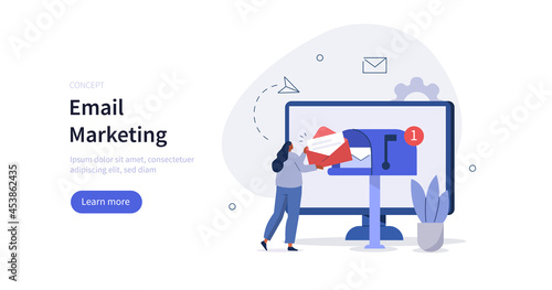 Character sending advertising mails and promotional offers with sales and discounts. E-mail marketing and promotion concept. Flat cartoon vector illustration isolated.
