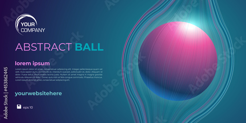 3D vector coloful ball in line cage. Blue, violet outline around sphere. Abstract web banner, background
