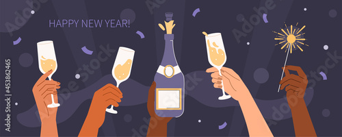 Diverse people hands holding bottle with champagne, wine glasses and Bengal lights. Characters celebrating winter holidays. Christmas or New Year night party. Flat cartoon vector illustration.