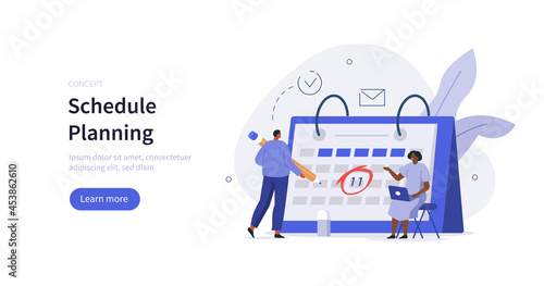 People characters filling schedule. Man and Woman planning, managing and organizing their life and work and time. Business plan and time management concept. Flat cartoon vector illustration isolated.