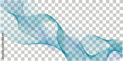 Wave swoosh; blue and teal color flow. Wavy swirl; sea water or air wind abstract design for banner decoration, isolated on transparent background. Vector illustration