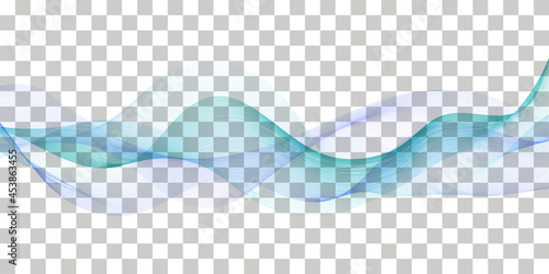 Wave swoosh; blue and teal color flow. Wavy swirl; sea water or air wind abstract design for banner decoration, isolated on transparent background. Vector illustration.