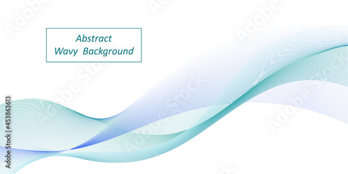 Abstract wave, blue and teal swirl wave. Decorative swoosh,  color flow on white background. Transparent veil texture. Modern trendy banner or poster design. Vector illustration