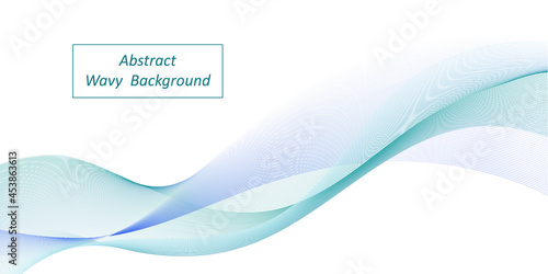 Abstract wave, blue and teal swirl wave. Decorative swoosh, color flow on white background. Transparent veil texture. Modern trendy banner or poster design. Vector illustration