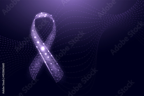Domestic Violence Awareness Month concept. Banner template with glowing low poly purple ribbon. Futuristic modern abstract background. Vector illustration.