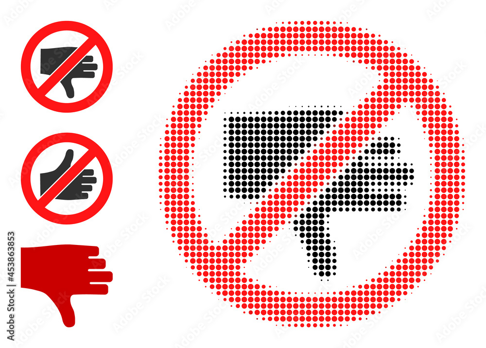 Halftone forbidden thumb down. Dotted forbidden thumb down designed with small round dots. Vector illustration of forbidden thumb down icon on a white background. Halftone array contains round dots.