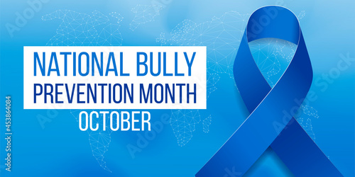 National Bully Prevention month concept. Banner template with blue ribbon awareness and text. Vector illustration.
