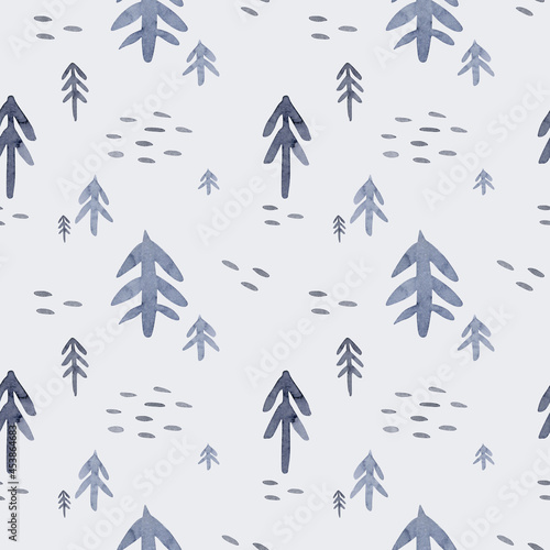 Watercolor green trees seamless pattern on white background. Design for Happy New Year and Christmas print  wallpaper  textile. primitive naive