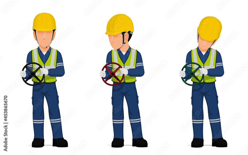 set of worker is holding hand wheel on white background set of worker is holding hand wheel on white background