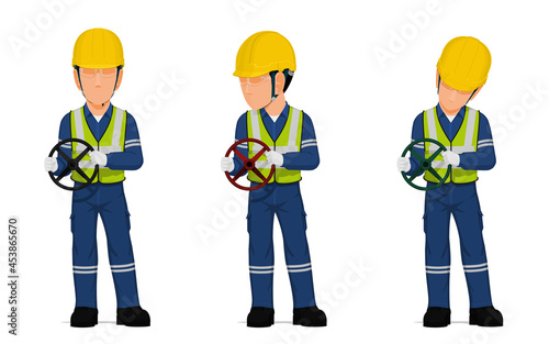 set of worker is holding hand wheel on white background