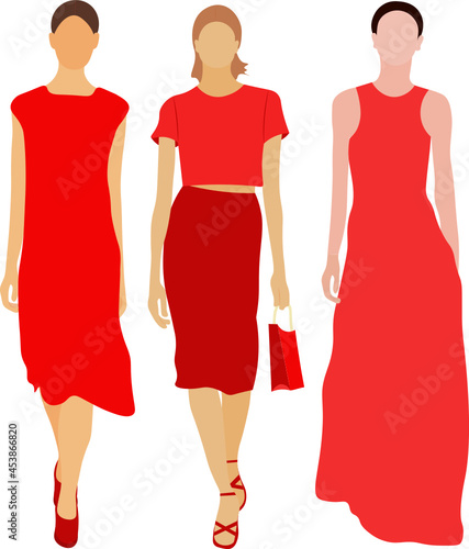 moda. mujeres desfilando con vestidos rojos. Fondo transparente