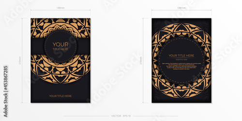 Vector Invitation card template with place for your text and abstract ornament. Black color postcard design with orange ornament.