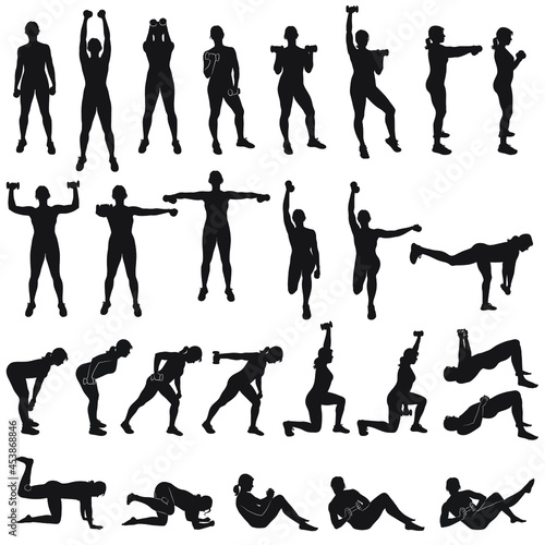 Big set of vector silhouette of sportive woman working out with dumbbells. Girl doing fitness exercises with weights for muscles of arms and legs. Fintess icons.