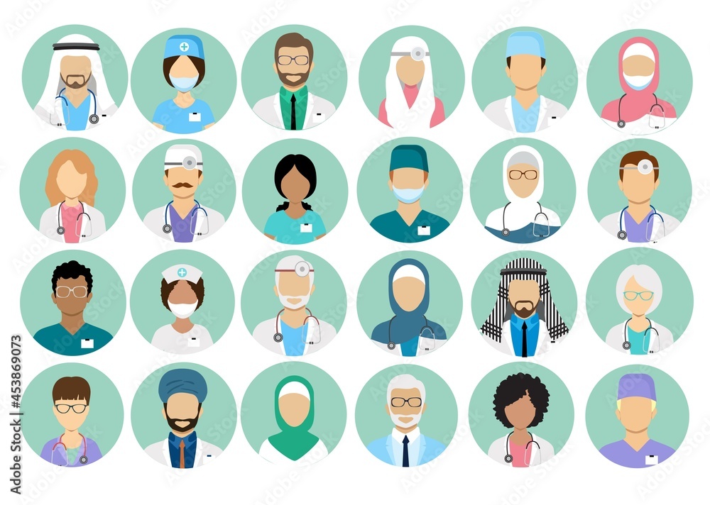 artoon multinational medical character avatars set. Circle icon with women men doctors medical uniform. Doctors and nurses profile vector icons. Surgeon and therapist, oculist, nutritionist avatars artoon multinational medical character avatars set. Circle icon with women men doctors medical uniform. Doctors and nurses profile vector icons. Surgeon and therapist, oculist, nutritionist avatars