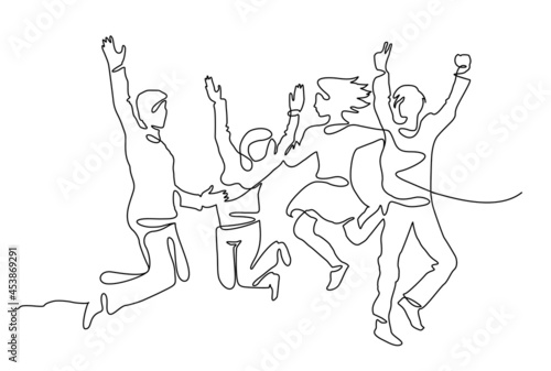 Continuous line drawing of happy people team jumping joy. People jumping one line continuous line drawing of four jumping happy team members
