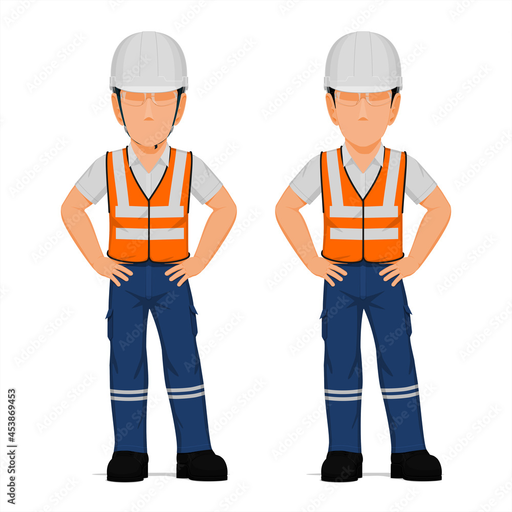 Set of industrial worker with arms akimbo on white background Set of industrial worker with arms akimbo on white background