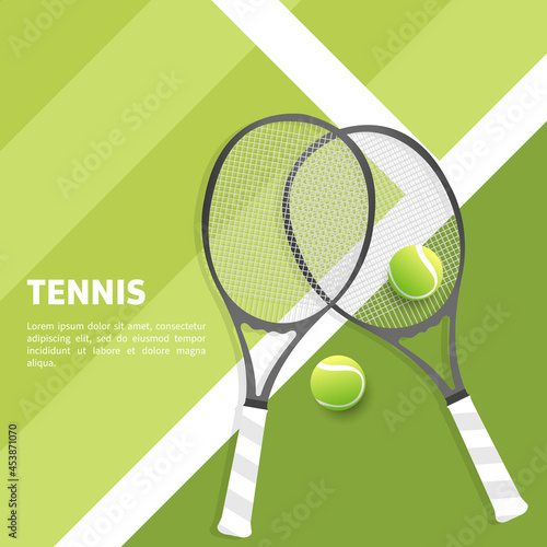 Tennis ball on Tennis racket in  the green tennis court , Simple flat design style , illustration Vector EPS 10, can use for tennis Championship Logo