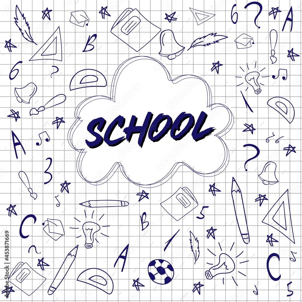 School background concept with school drawings and lettering. Vector